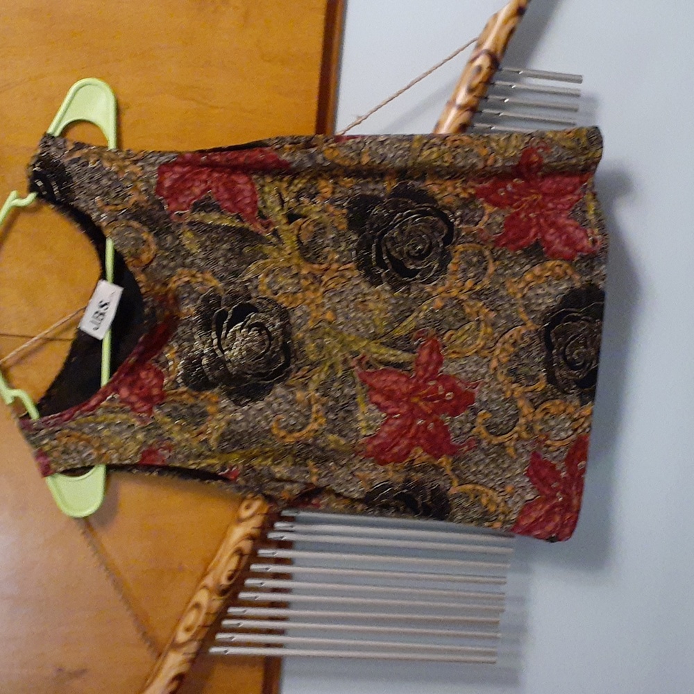 JBS Ltd sparkly black, gold, and red tank, lined, mesh material. sophisticated!